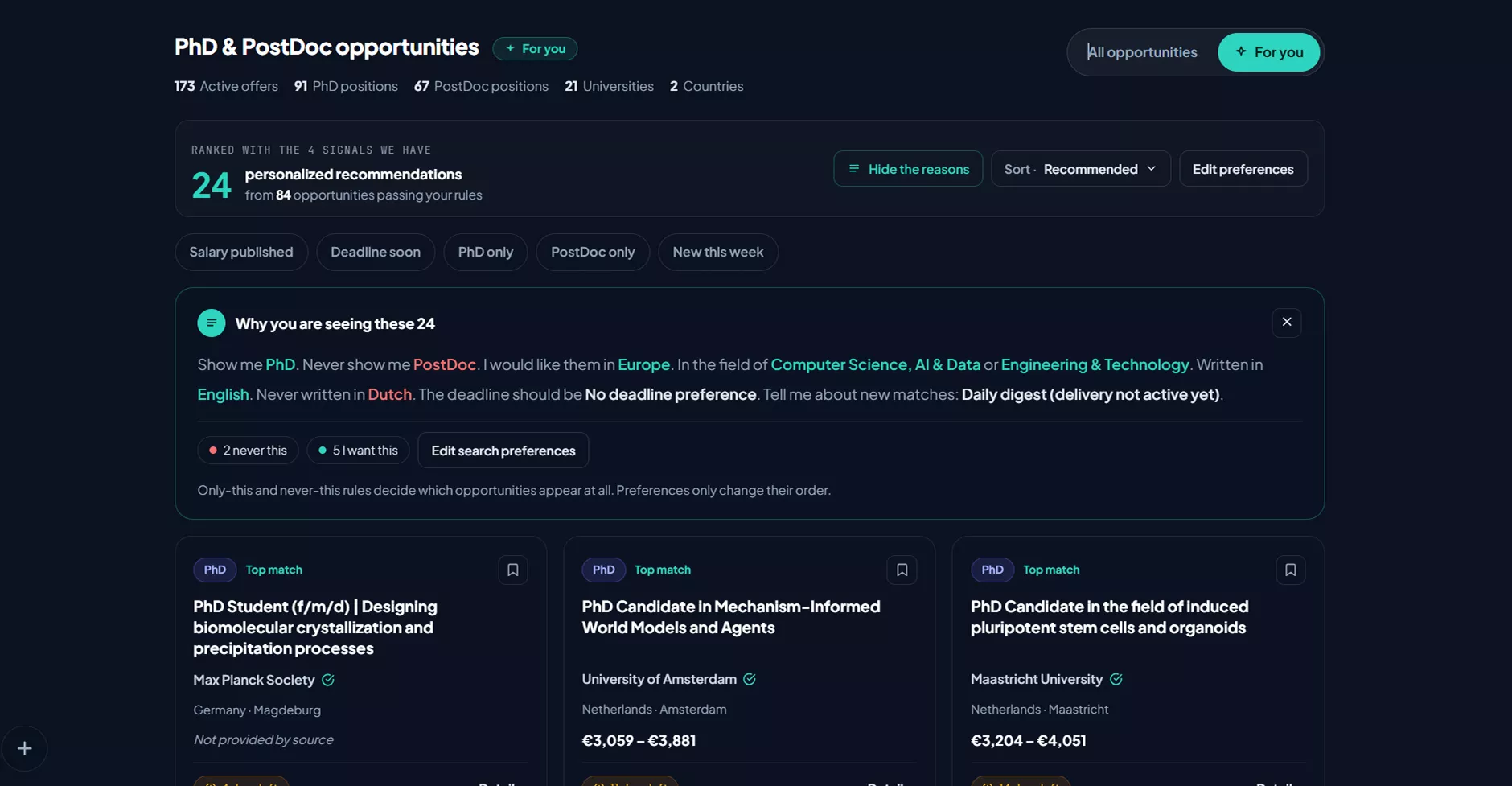 Personalized feed with the explanation panel open