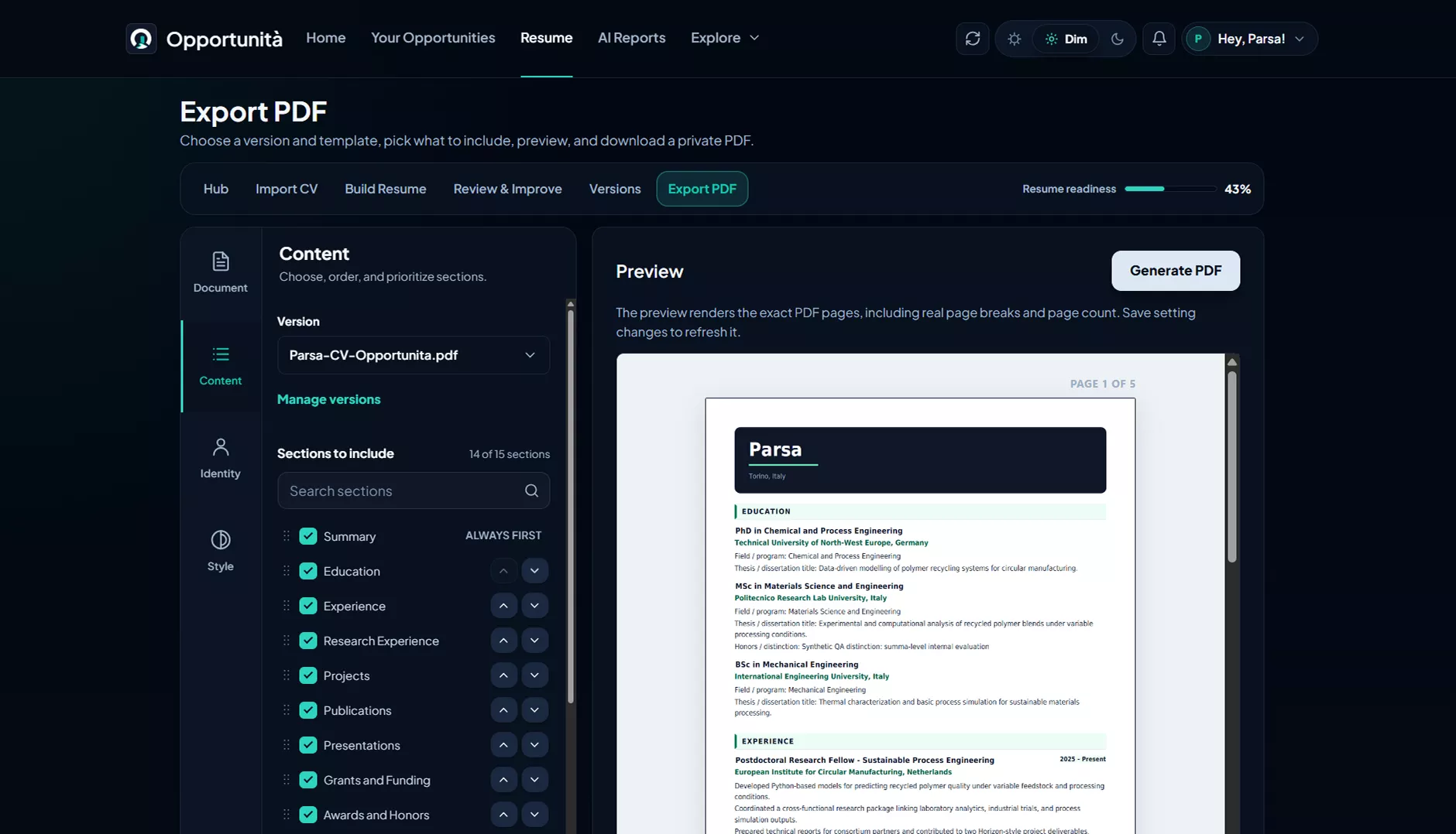 Resume export with true paginated preview