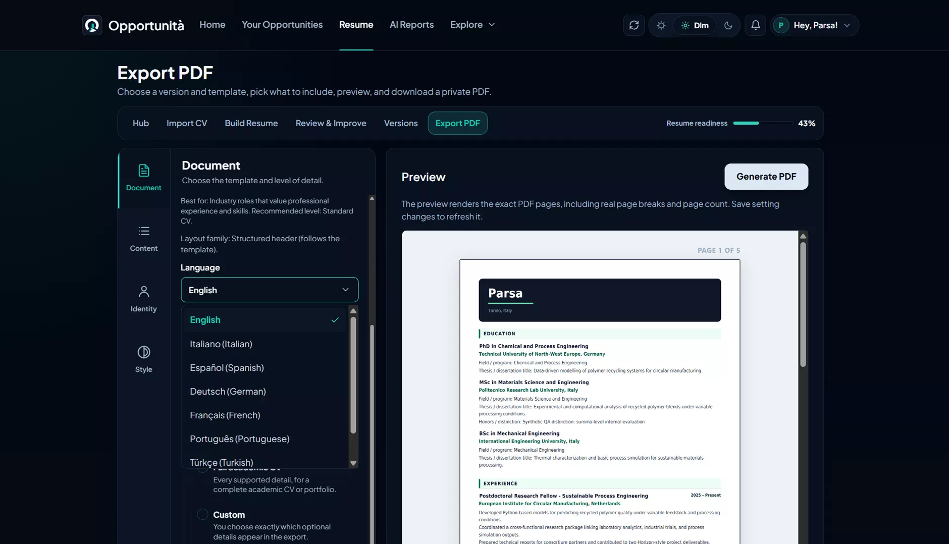 Export language selector